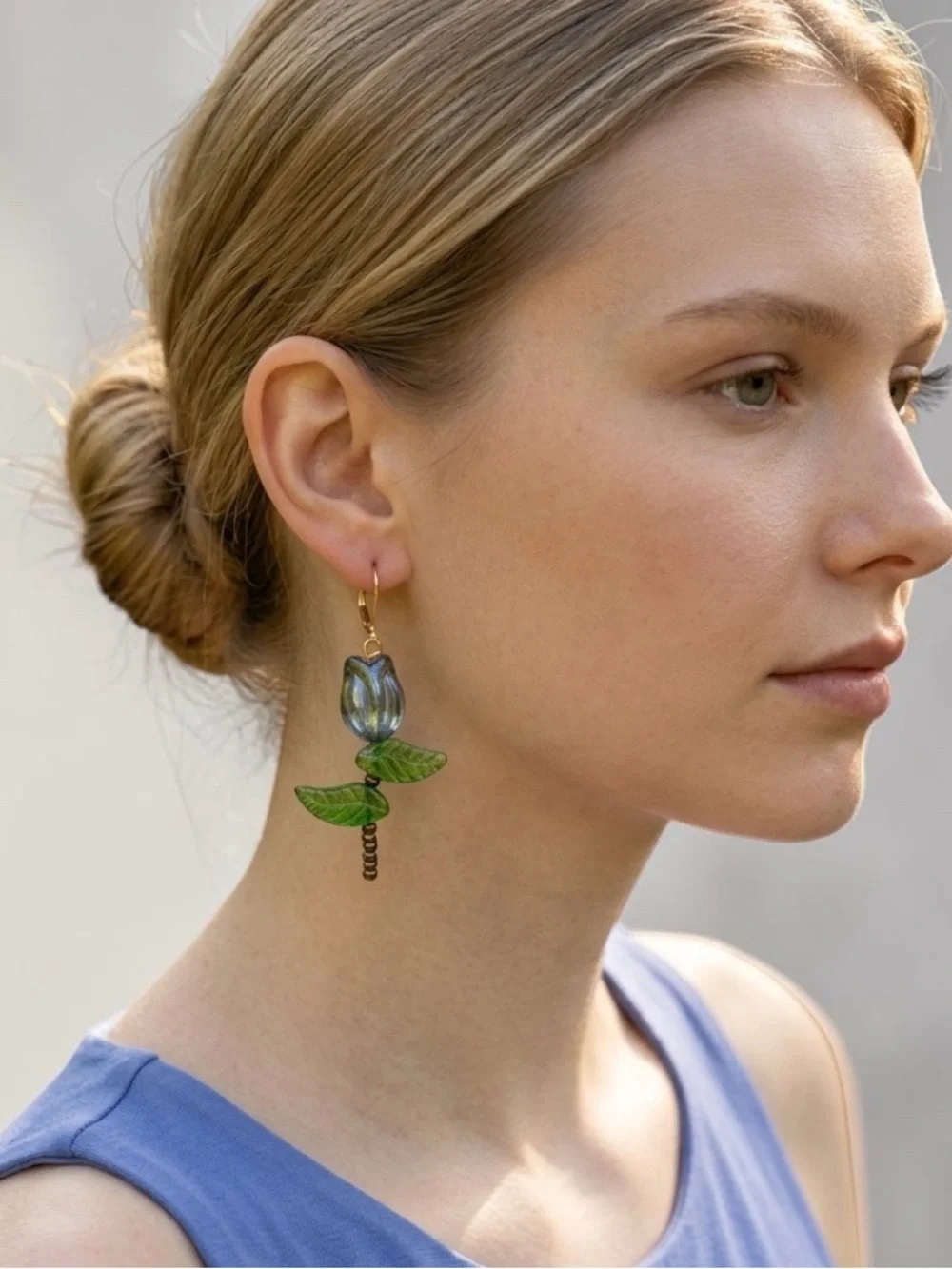 HAND CRAFTED CZECH GLASS TULIP EARRINGS Purple Blue Green Gold Brown